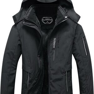 SUOKENI Black Waterproof Warm Winter Snow Coat Hooded Raincoat Ski Snowboarding